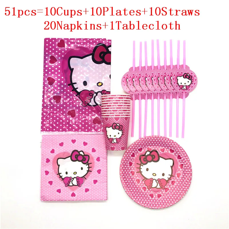 BeiPanXiZhiZhuo 51 Бумажная скатерть в тематическом дизайне hello kitty, одноразовые столовые приборы для детей, семейные вечерние принадлежности для украшения дня рождения, 81 шт./51 шт - Цвет: BeiPanXiZhiZhuo 51