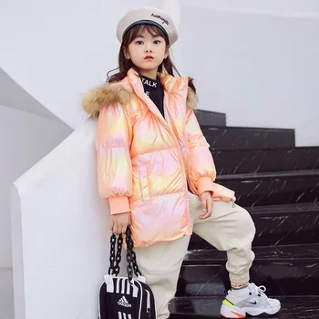 

Winter Boy and Girls Down Jacket Thick Warm Fashion Shiny Style Children Duck Down Parkas Coat Fur Kids Outerwear For 90-150cm