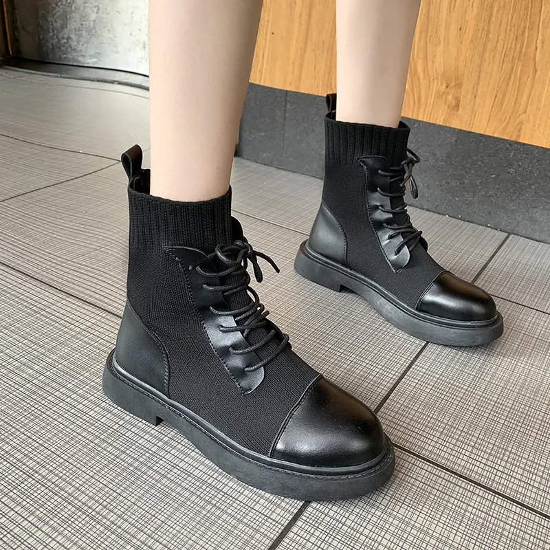 

Fly Woven Martin Boots Women's 2019 Autumn And Winter Korean-style Knit Stitching Machine Car Boots Lace-up England Bootie Black