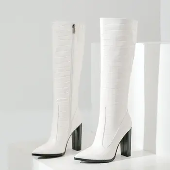 

Fashion Knee High Boots Women Shoes Stone Pattern Pointed Toe High Heel Long Boots Autumn Winter Ladies Shoes Black White