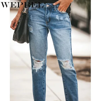 

WEPBEL Jeans Women Summer Long Trousers Slim Bleached Hole Ripped Pants Sexy 2020 New Fashion Pants Plus Size