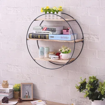 

A1 Round wrought iron wall rack vintage solid wood wall rack creative home multi-function partition storage shelf WF1014