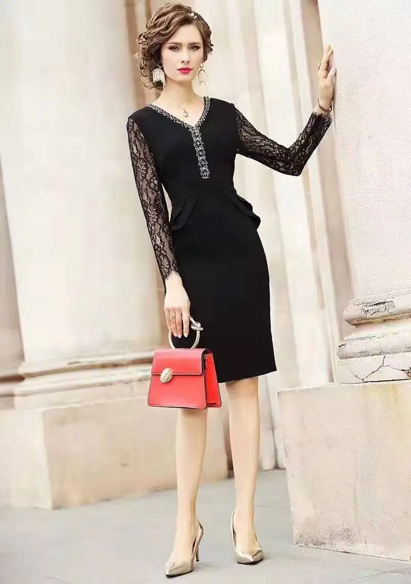 black XXXL платье Vestido весенние элегантные вечерние платья синего и черного цвета женские платья с v-образным вырезом и кристаллами с бисером облегающее платье-футляр женское платье - Цвет: black