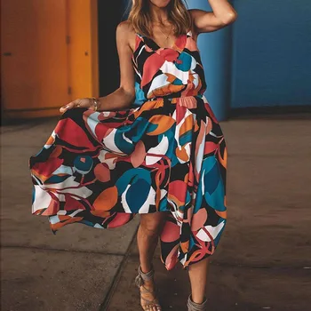 

Fashion Women Summer Dress new Vintage Floral Printed Irregular Dress Elegant V-neck Backless Tunic Strap Long Dresses Vestido