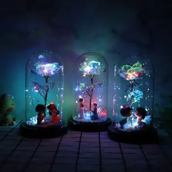 

LED Rose Flashing Lamps Party Decoration Christmas Artificial Red Rose In A Glass Dome On A Wooden Base For Valentine's Gift