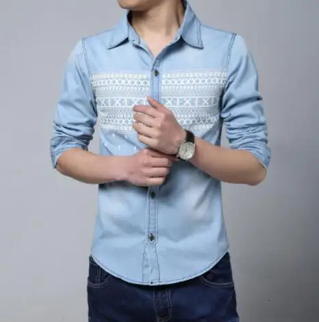 157 light blue Новинка года; модные мужские джинсовые рубашки на пуговицах в Корейском стиле повседневные приталенные джинсовые рубашки с длинными рукавами для мальчиков; топы - Цвет: 157 light blue