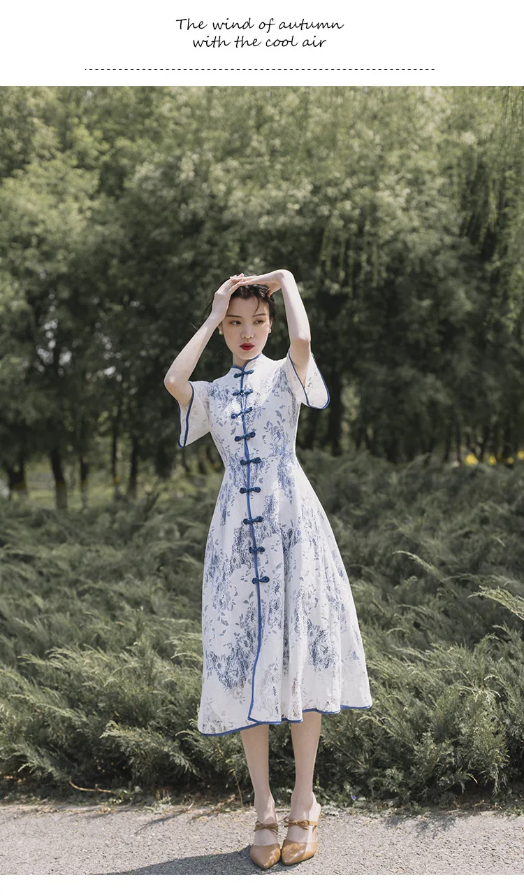 Летний Стиль Ретро китайский стиль синий и белый фарфор улучшенный Cheongsam Элегантность свежее кружевное Открытое платье