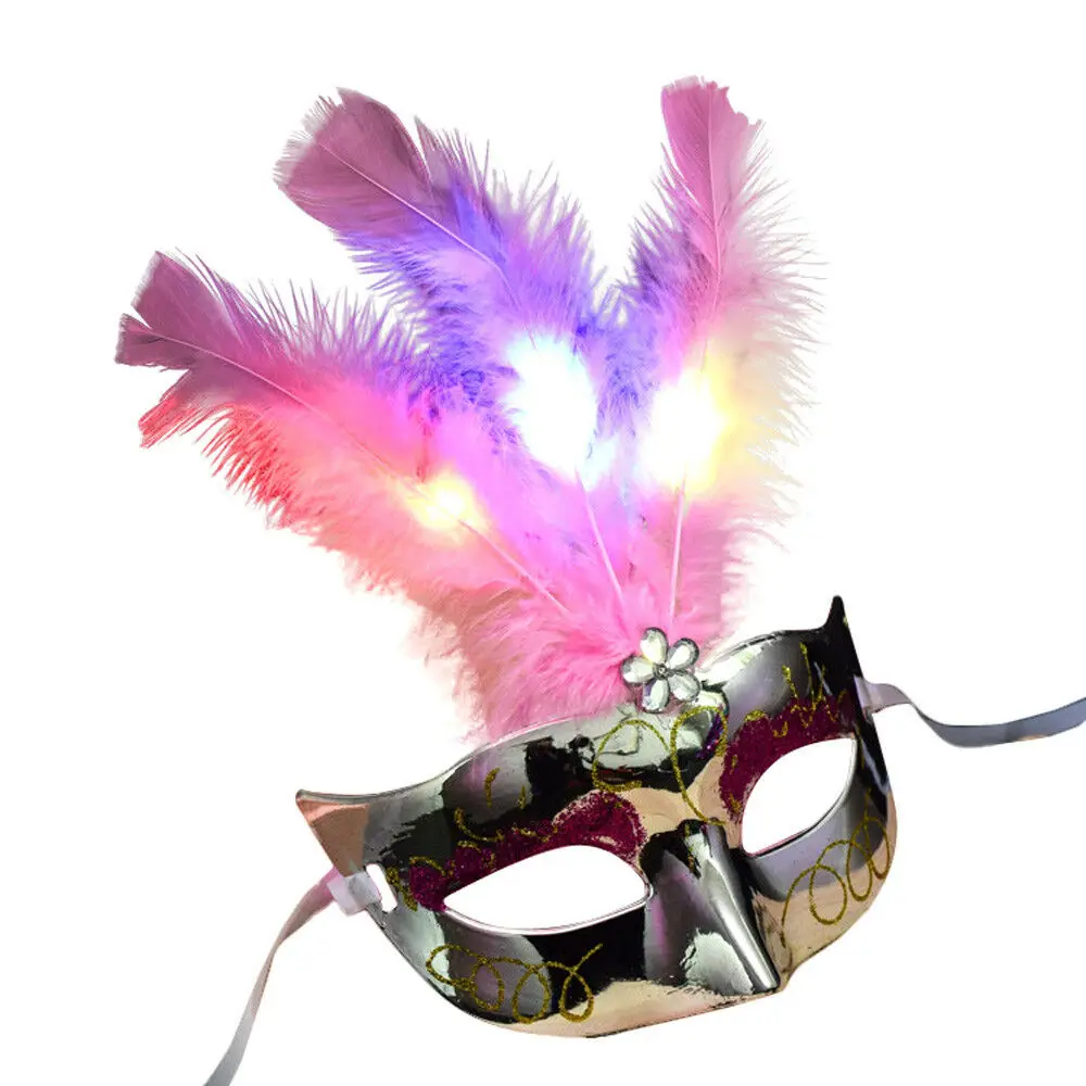 Светящаяся Маскарадная маска для девичника, маскарадная нарядная маска принцессы, Карнавальная маска для женщин, венецианское перо, светодиодный маска