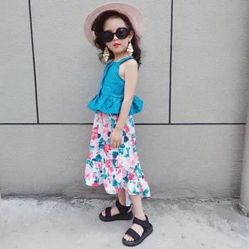 

ins burst skirt blue wave point ruffled vest flower skirt long tail suit net red with the same style of foreign holiday style