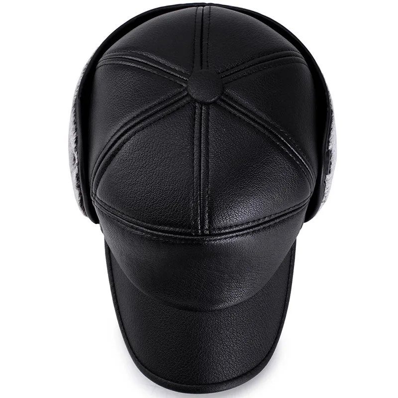 Мужская шапка-бомбер из искусственной кожи черного цвета, зимняя бейсболка с ушками, подарок для папы