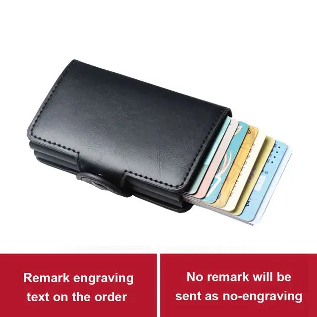Лазерная гравировка мужская двойная алюминиевая ремка для телефона кожаный держатель кредитной карты RFID металлический кошелек автоматический всплывающий Противоугонный кошелек ID - Цвет: Черный