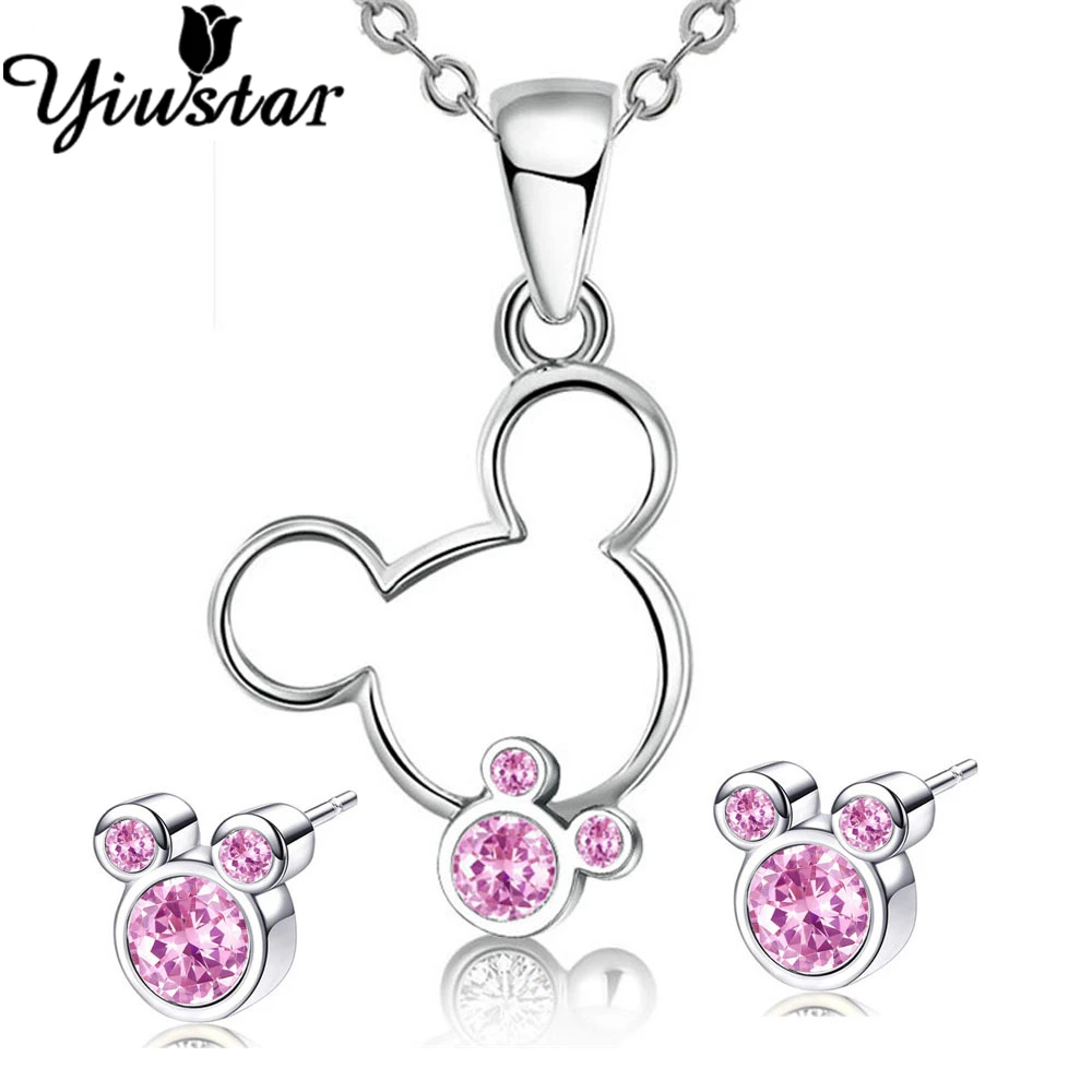 925 necklace Yiustar Минни Микки серьги-гвоздики ювелирные изделия маленькие мышки серьги для женщин и детей пирсинг ушей Aniaml милые серьги модные подарки - Окраска металла: 925 necklace