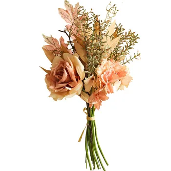 

INS Dry-fired Hydrangea Rose bouquet with fake grass silk artificial flowers for home wedding decoration bridal hand flowers