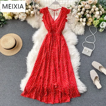 

2020 Women's 2020 Spring Summer Dress Beach Dress Goddess Ruffles Backless Dress Sexy V-neck Waist Dot Irregular Vacation Dress