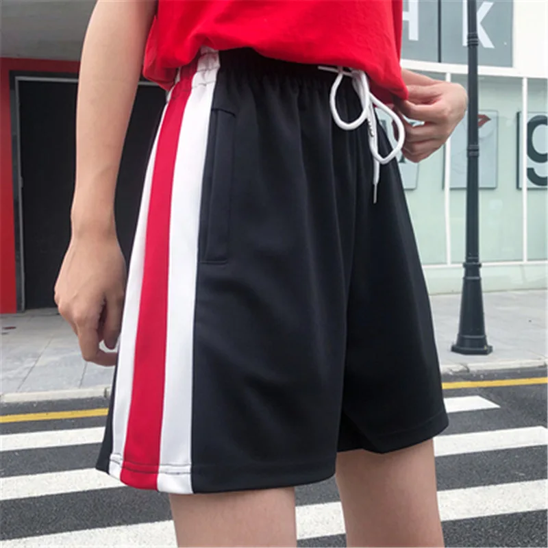 

2019 Women's Summer Korean Side Color Insert Stripe Casual Hot Pants Loose Wide Leg Sports Pants Harajuku Sweat Pants Punk 50cs