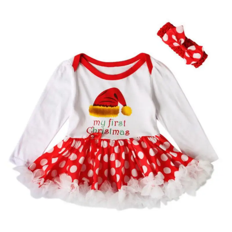 

New Baby Girls Outfits Newborn Infant My First Christmas Tutu Dress Up Baby Christmas Lace Dress + Hair Band Two Set gifts