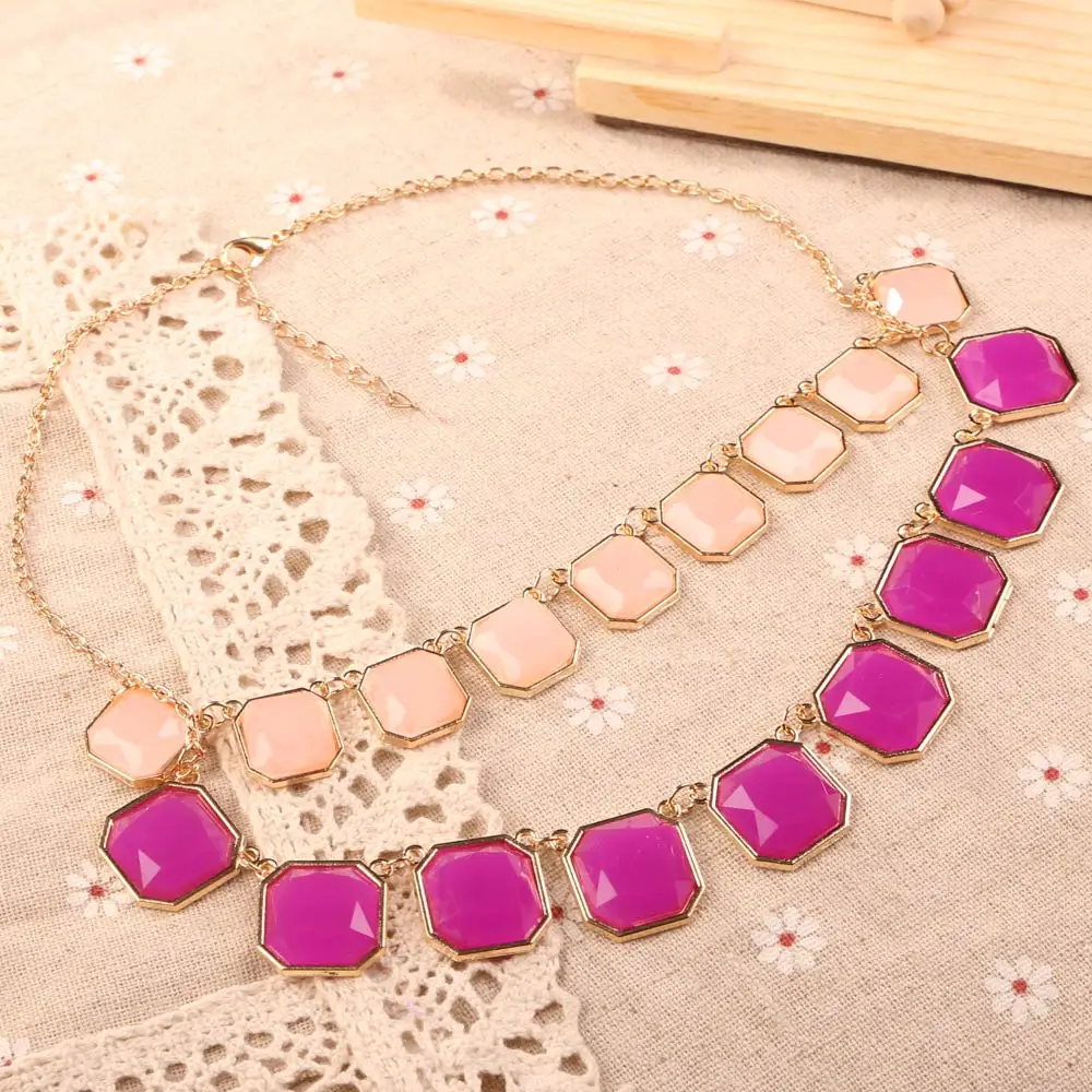 Модные ювелирные изделия ретро двойной слой фиолетовый розовый квадратный колье Золотая цепь