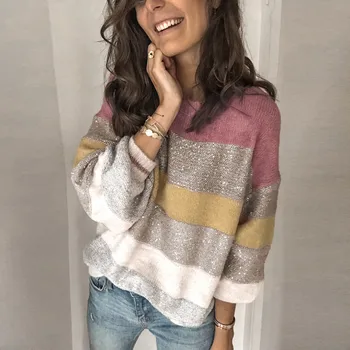 

Casual Stripe Women Sweater Patchwork Pullover Sweater Regular O-Neck Knitted Loose Sweater Long Sleeve Sweater Top pull femme