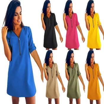

Daily suit OWLPRINCESS 2019 Long Sleeve V-neck Zip Loose Dress Solid color harness dress