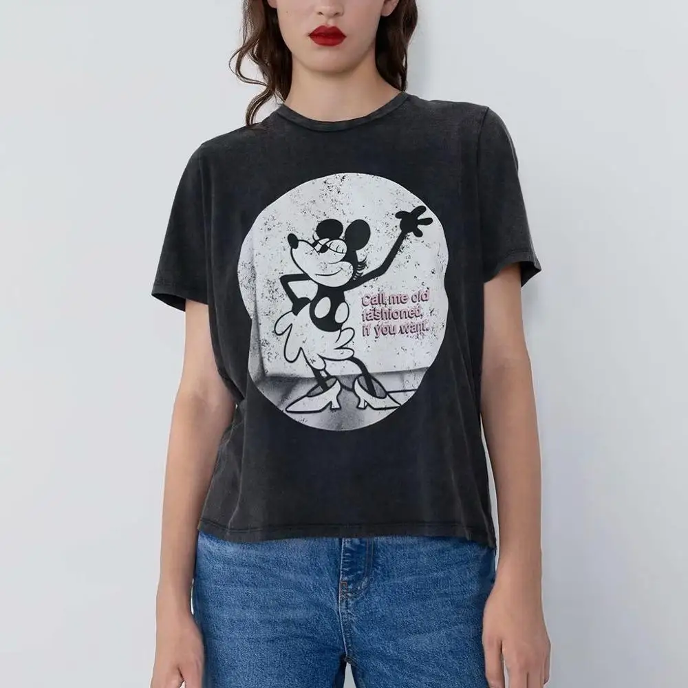 

Cartoon Printed T-shirt Women Casual Cotton O-neck Dark gray Tops And T-shirt For Girls