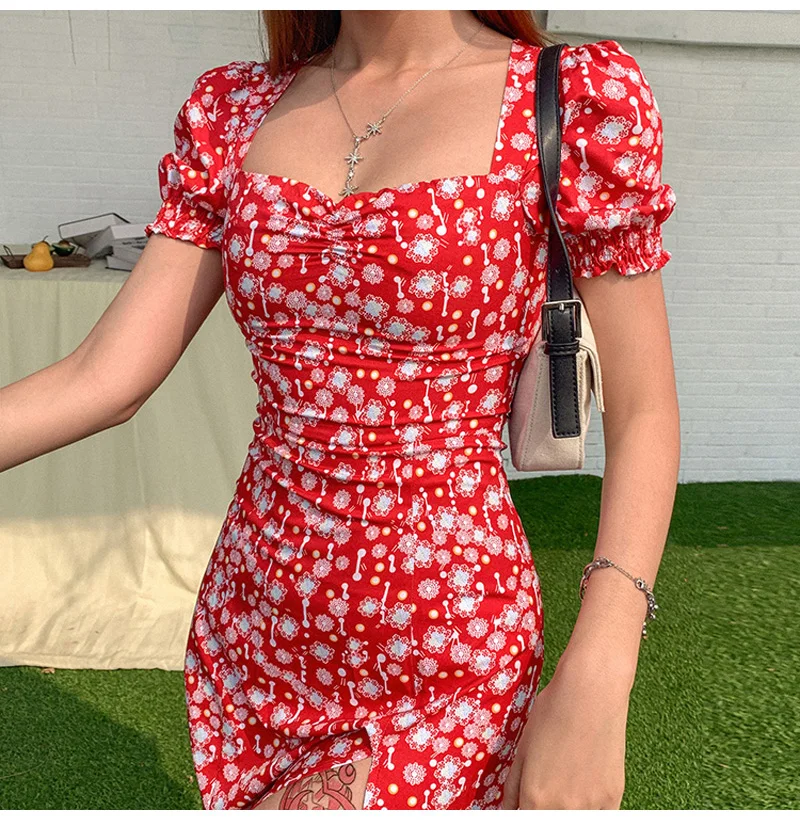 Women Casual Floral Print Midi Dress Square Collar Ruffle Puff Sleeve Slim Split Summer Dress French Romance Retro Dress Vestido