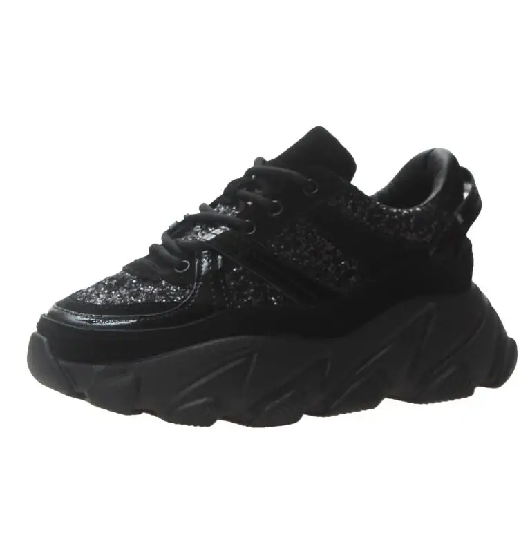 Женские кроссовки на толстой танкетке; обувь с блестками; повседневная спортивная обувь на платформе; модные блестящие кроссовки на платформе; UK-43 - Цвет: Черный