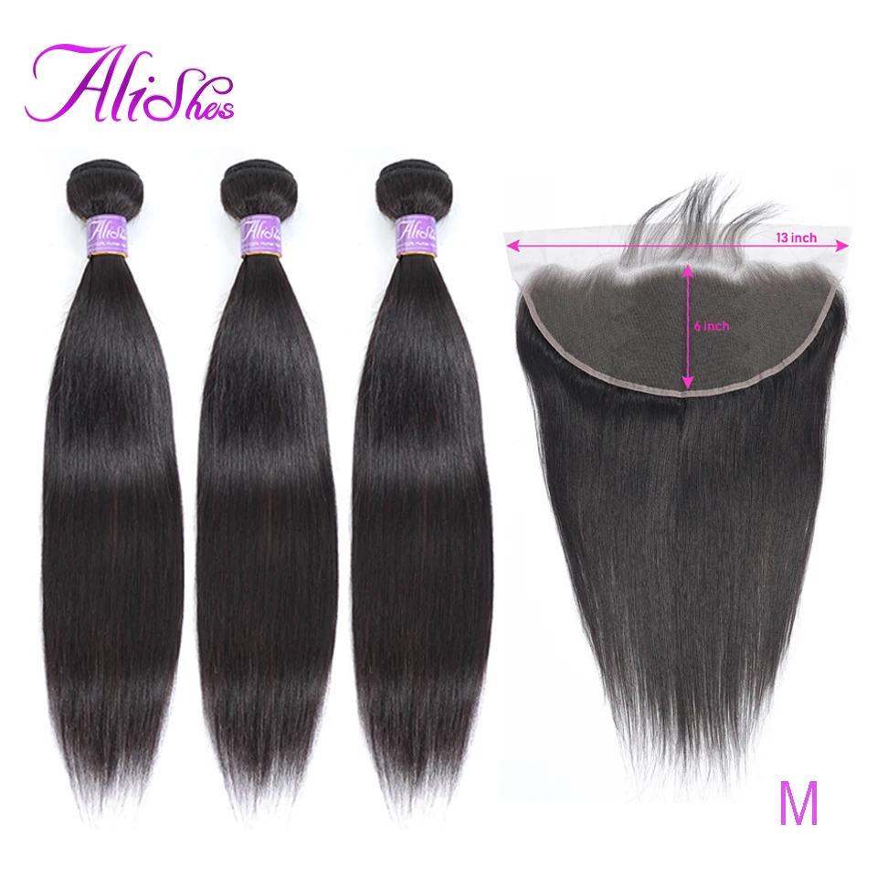 

Alishes 3 Bundles Peruvian Straight Hair With Frontal Natural Color Human Hair 13x6 Lace Frontal With Bundles Remy Hair 4Pcs/Lot