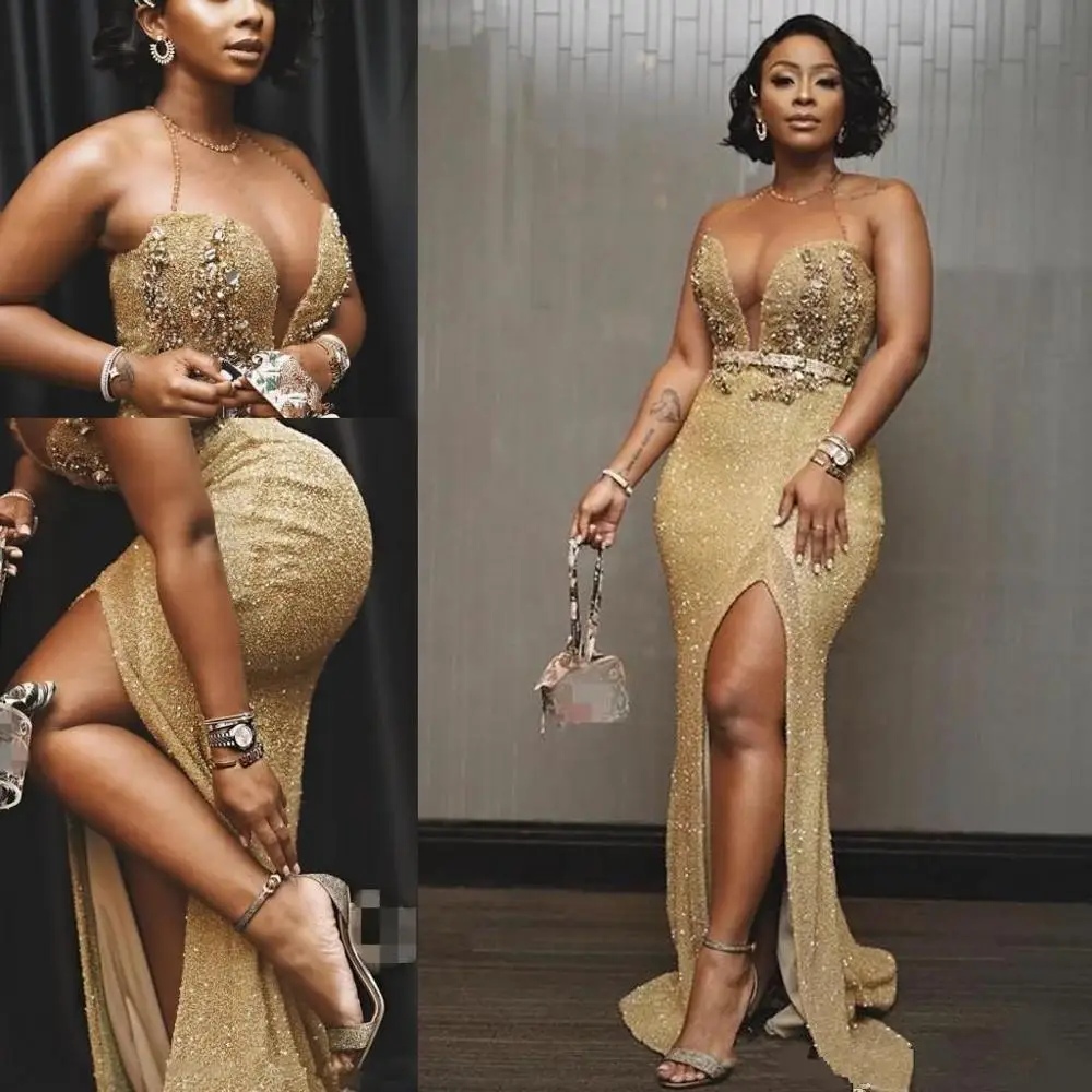 

Sparkling 2020 Gold Mermaid Evening Dresses Beaded Crystals High Split Sexy African Prom Dress Party Second Reception Gowns