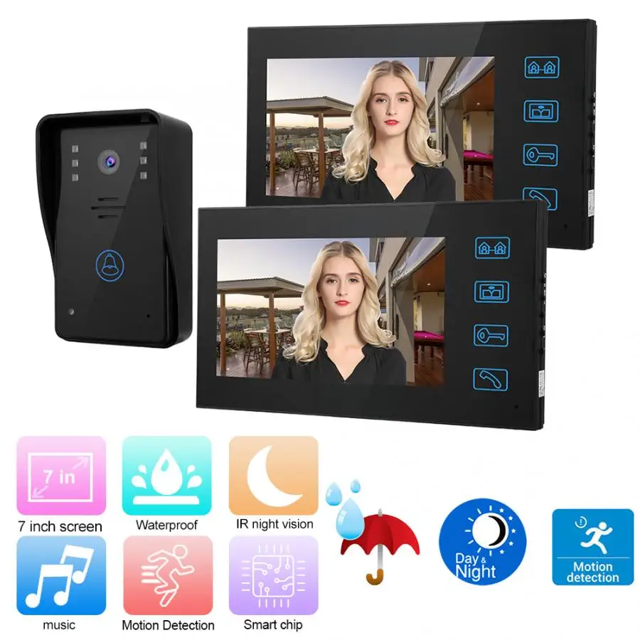 

7in 100-240V Video Intercom 2 Monitors Touch Rainproof Doorphone Night Access Doorbell System