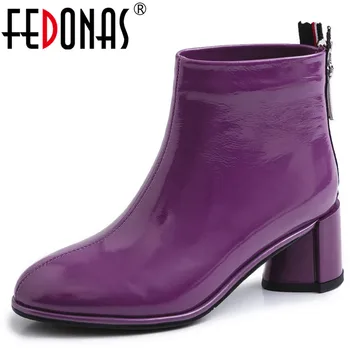 

FEDONAS Elegant Ladies Cow Patent Leather Chelsea Boots Prom Dancing Shoes Woman Zipper Women Ankle Boots Square Heels Boots