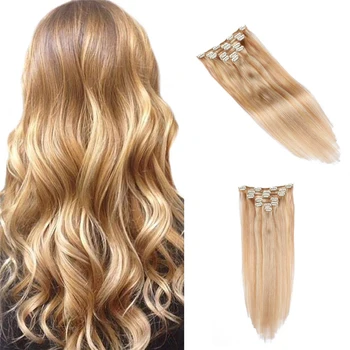

7 Piece Clip on Extension Honey Blonde Highlights 22 Inch Silky Straight Clips in Synthetic Hair Extensions
