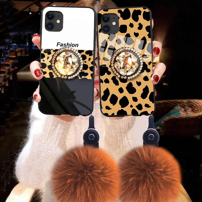 Leopard-print Luxury Phone For iPhone 11 Case Real Fox Full Wrist Strap Pro Rhinestones Ring Holder Lanyard Cover |