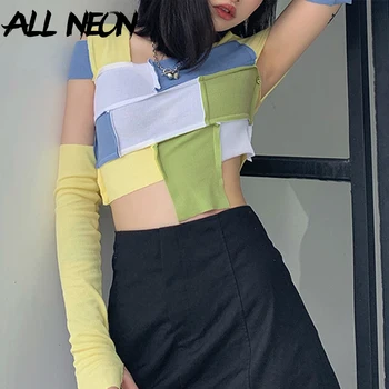 

ALLNeon E-girl Sweet Patchwork Open Shoulder Crop Tops Y2K Fashion Square Collar Short Sleeve with Gloves Plaid T-shirt Autumn