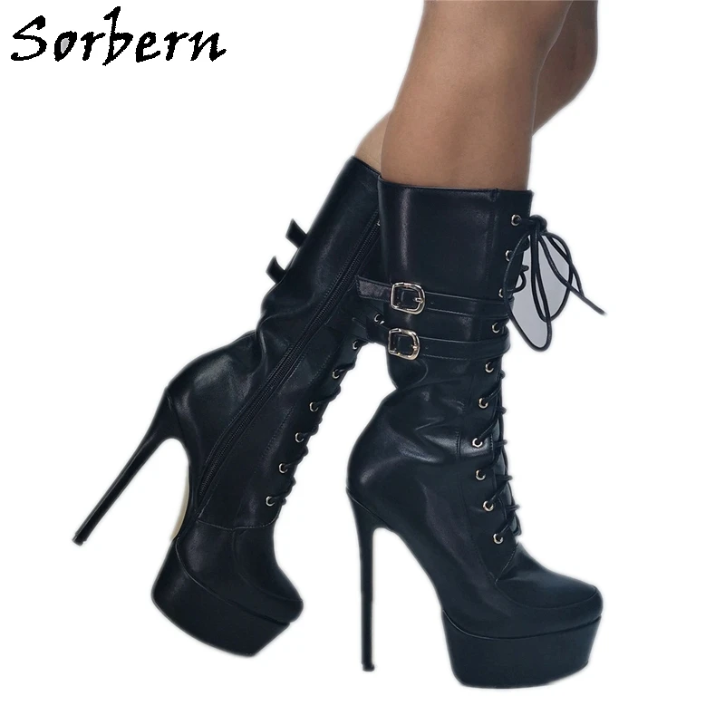 

Sorbern Black Platform Knee High Boots Custom Wide Slim Fit Lace Up Boot High Heel Stilettos Punk Platform Boots Fetish Heels