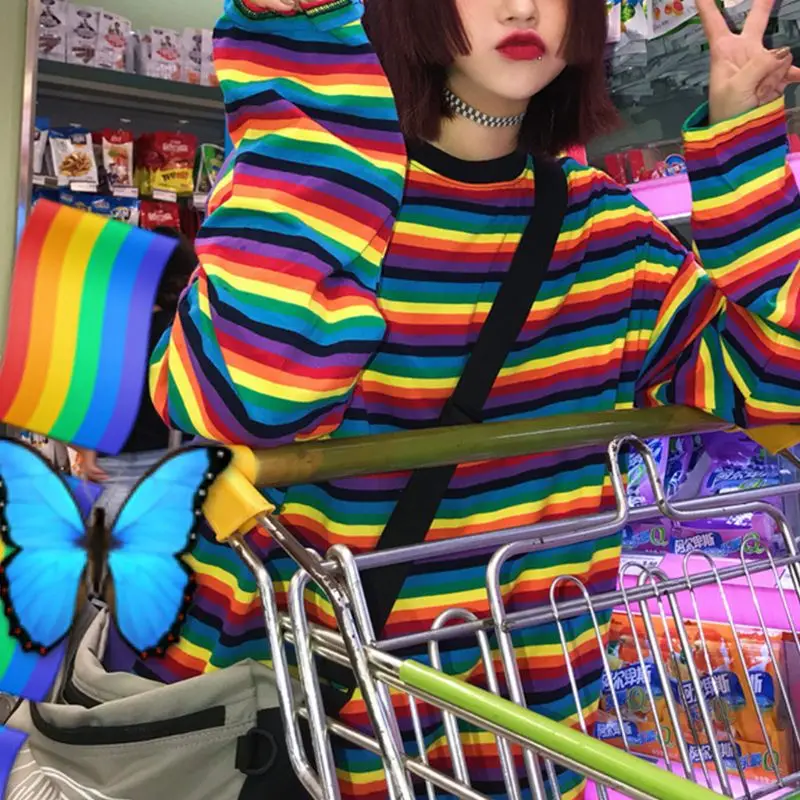 Harajuku/женская футболка в стиле панк с длинным рукавом для девочек, Радужный свитер в полоску, туника, топы, Повседневная Свободная уличная одежда в стиле хип-хоп