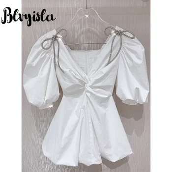 

Luxury Rhinestone Bow Knot Deep V neck Short Puff Sleeve Mini Dress Sexy Lady Zipper Up Back White Color Summer Ball Gown Style