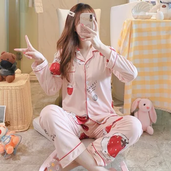 

XIZOU Pajama Sets Women Long Sleeve Autumn 2XL Cardigans Printed Elegant Trendy Korean Style Homewear Pockets Womens Pyjamas