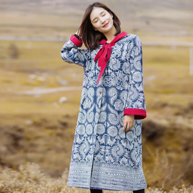 

Factory Sales Ethnic-Style Printed Loose-Fit Robe 2019 Winter New Style Chinese-style Retro Mid-length Mantle Coat Women's
