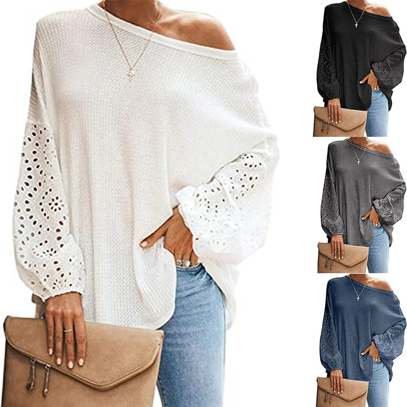 

Women Autumn Winter Knitting Pullovers Tops Patchwork Lace Long Sleeve O Neck Solid Casual Fashion Loose Lady Street Sweater