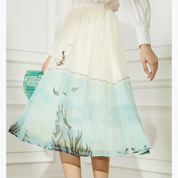 

Fresh Womens Midi Skirt Little monkey FishingCartoon print lady Casual Long Skirts Wild Stylish Female Clothing