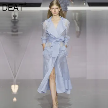 

DEAT 2020 New Autmn Fashion Organza Women Clothes Turn-down Collar Full Sleeve Transparent Feather Female Vintage WB15905XL