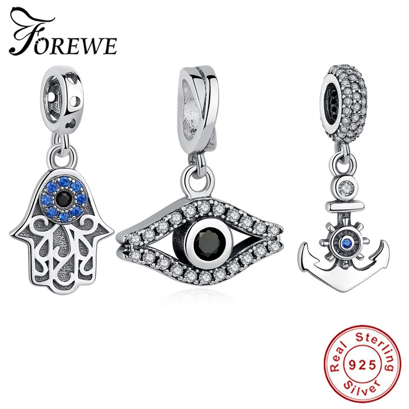 

Authentic 925 Sterling Silver Bead Charms CZ Turkey Eyes Hamsa Hand Dangle Charm Fit Original Pandora Charm Bracelet DIY Jewelry