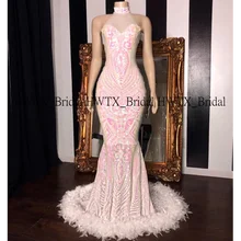 Великолепные блестящие платья для выпускного вечера с высоким горлом, длинное розовое платье с блестками и перьями, африканская темнокожая девушка, платье для выпускного вечера, Vestido de festa