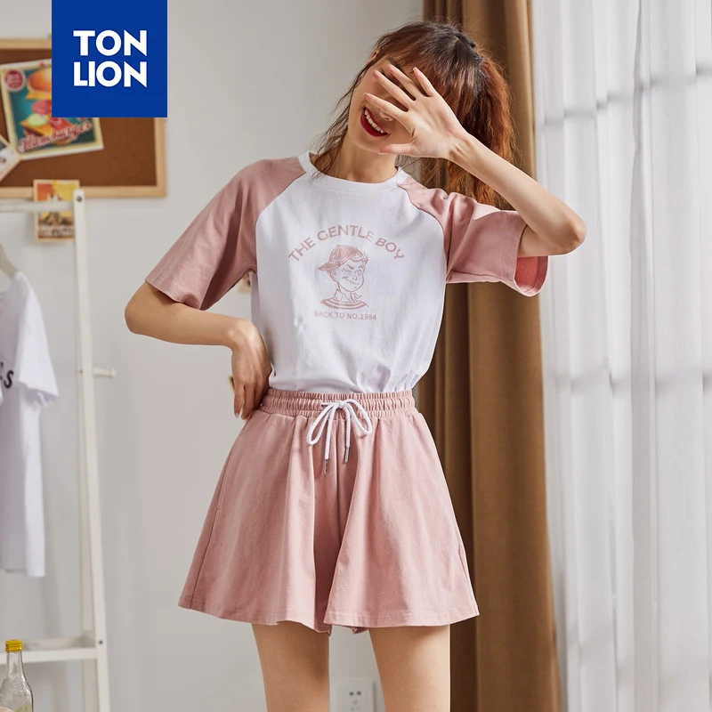 

TONLION Two Piece Set Women's Tracksuit Shorts Cute Summer Clothes for Women Causal Sweet Elastic Waist Sport Outfit 2020 Summer
