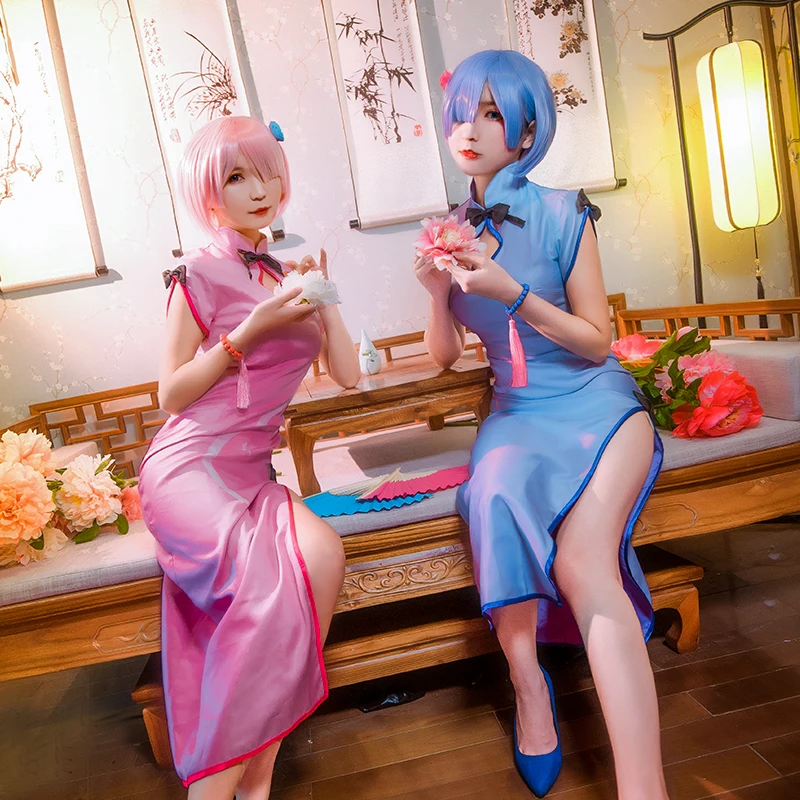Аниме Re Zero Kara Hajimeru Isekai Seikatsu Remu Rame Косплей Костюм Чонсам платье наряд косплей