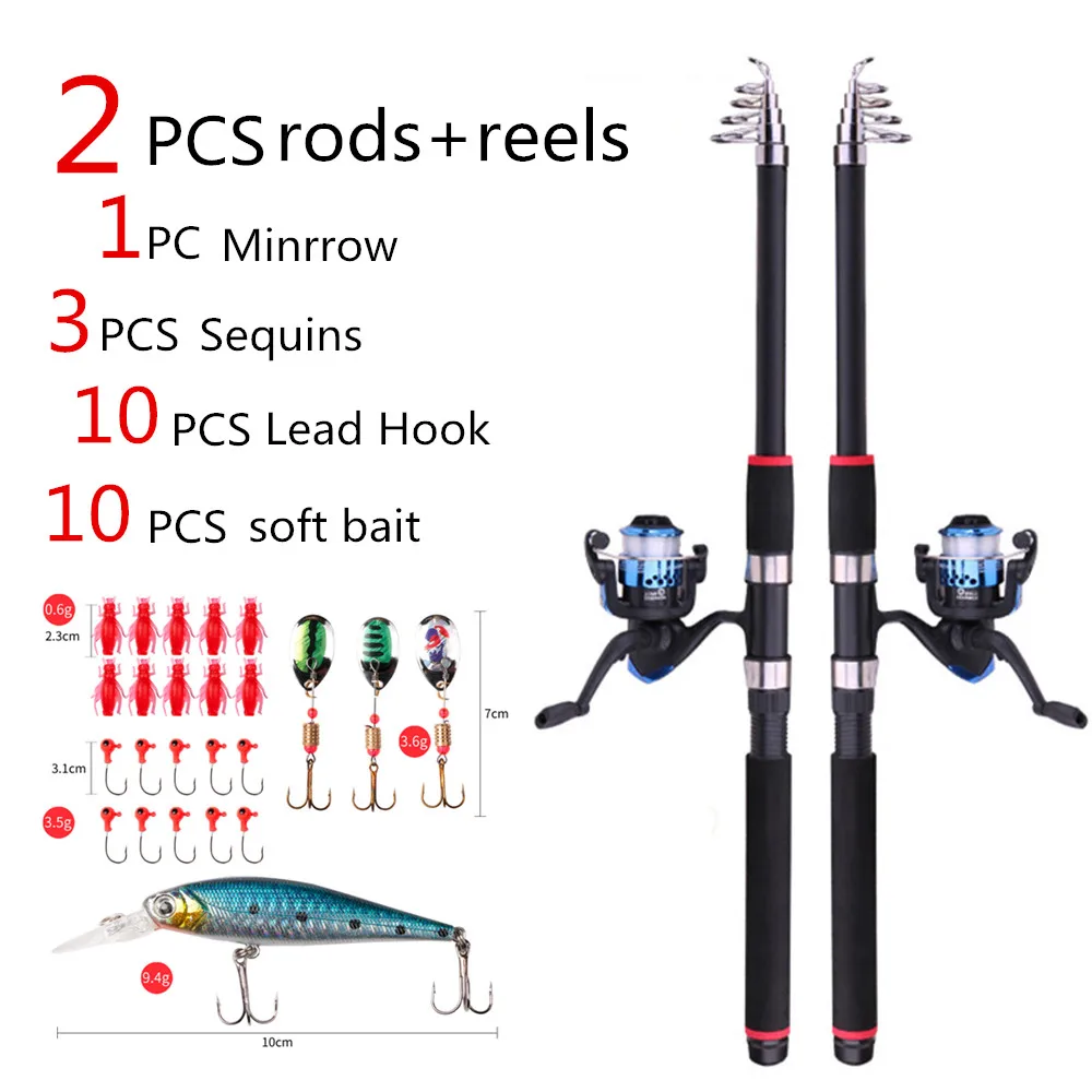 2 комплекта, 2,1 м, переносная телескопическая рыболовная удочка, катушка для приманки, комбинированный набор, спиннинг, жесткая рыболовная удочка, колесные приманки для молодежной рыбалки
