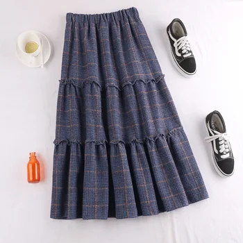 

Autumn and winter new Korean style casual double-layer splicing lace plaid skirt retro woolen women's skirt 683