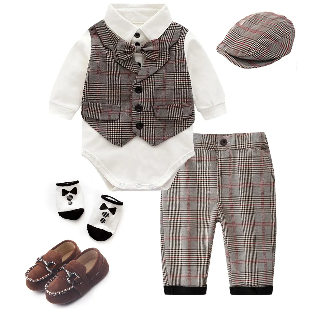 Baby Gentleman Outfit Infant Boys Formal Wedding Clothing Set Toddler Birthday Party Gift Plaid Suit Shirt Pants Costume 5pcs |