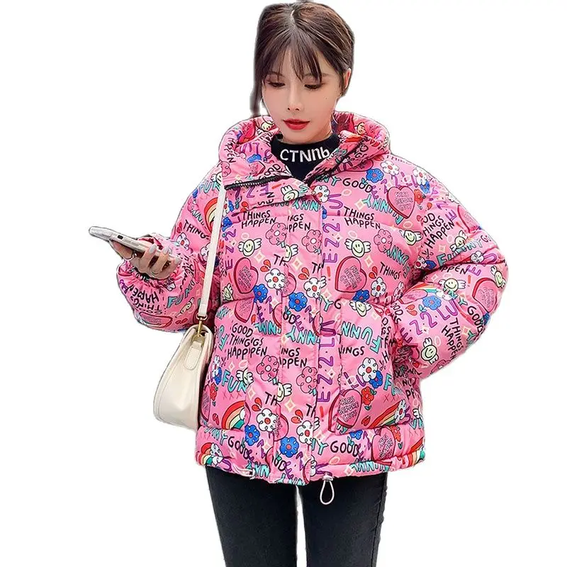 

Winter Jacket Women Clothes Print Padded Coat Women Fashion Style Zipper Short Down Jackets Parka Outerwear Parkas Mujer 2022