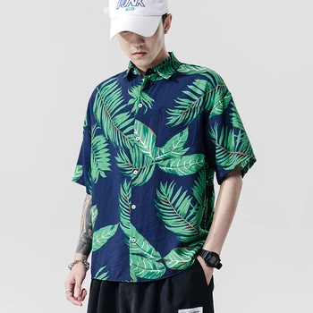

Hawaii Print Janpan Style Short Sleeves Casual Men Shirt 2020 For Summer Clothes HIP HOP PUNK Streetwear